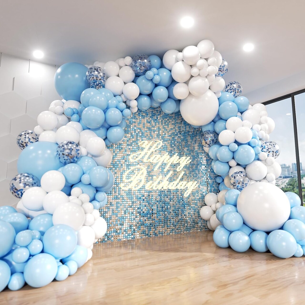 Blue and White Balloon Arch Kit, 140Pcs Pastel Light Blue and White Balloon Garland kit, 18 12 10 5 Inch Different Size Balloons for Baby Shower Birthday Gender Reveal Anniversary Decorations